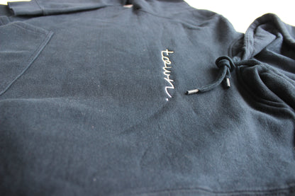 Premium Female Navy Embroidered town. Hoodie